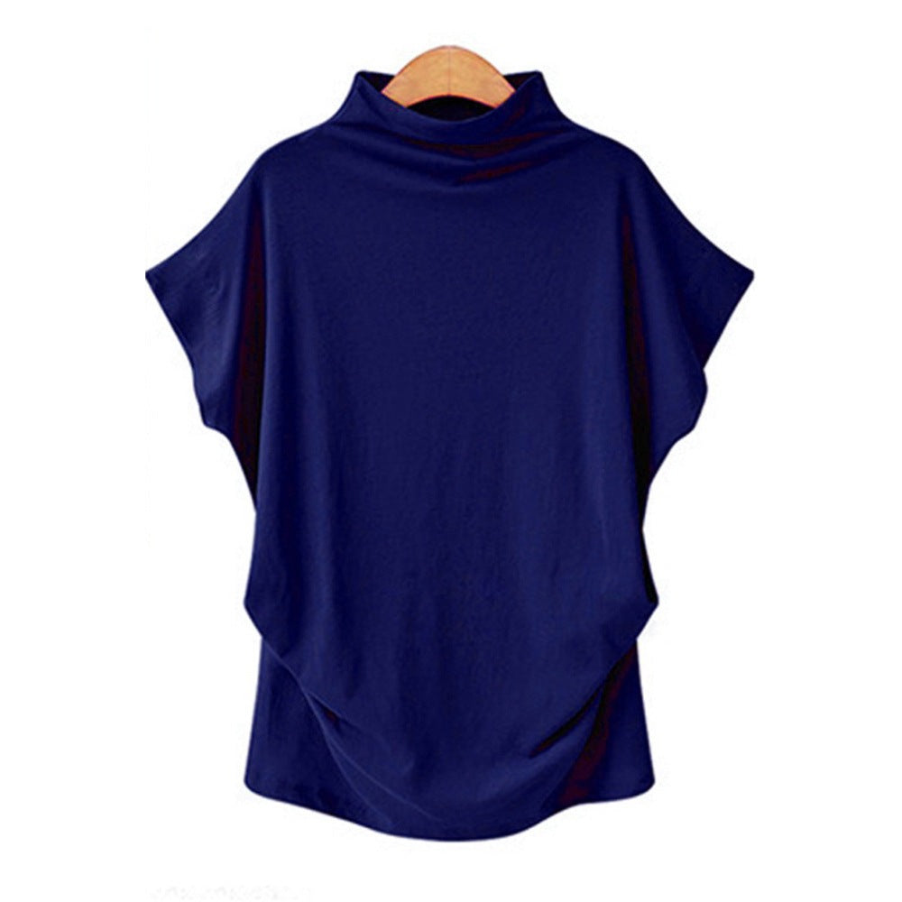 Women’s Draped High Neck Top with Short Batwing Sleeves and Asymmetric Hem – Relaxed Oversized Style for Smart Casual and Evening Outfits