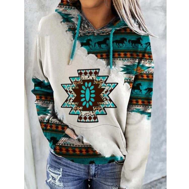 Women’s Geometric Print Hoodie – Relaxed Drawstring Pullover for Casual Autumn Layering