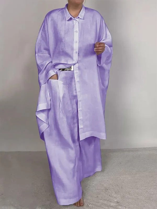Women’s Asymmetric Shirt Trouser Set – Oversized Button-Front Top with Wide-Leg Pocket Trousers for Casual Wear