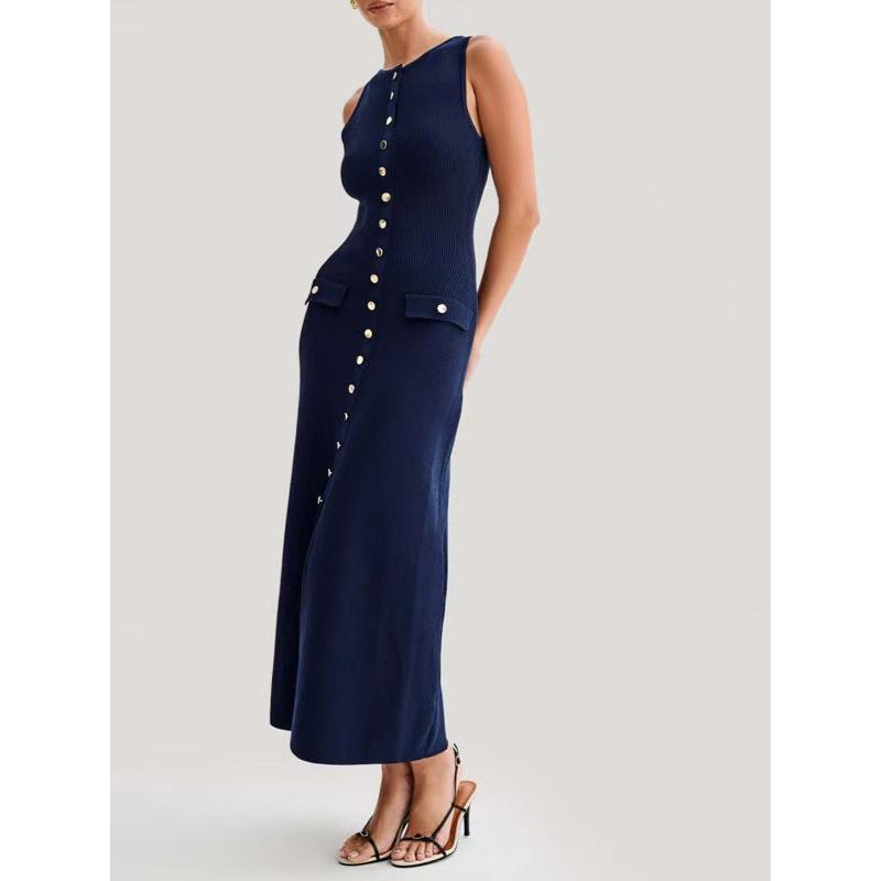 Vestido midi de punto sin mangas para mujer con botones delanteros para ocasiones especiales