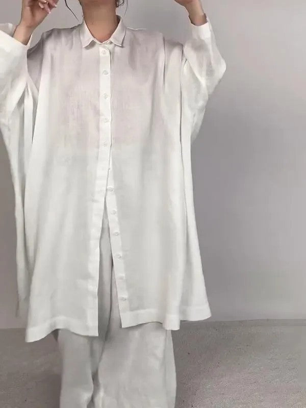 Women’s Asymmetric Shirt Trouser Set – Oversized Button-Front Top with Wide-Leg Pocket Trousers for Casual Wear