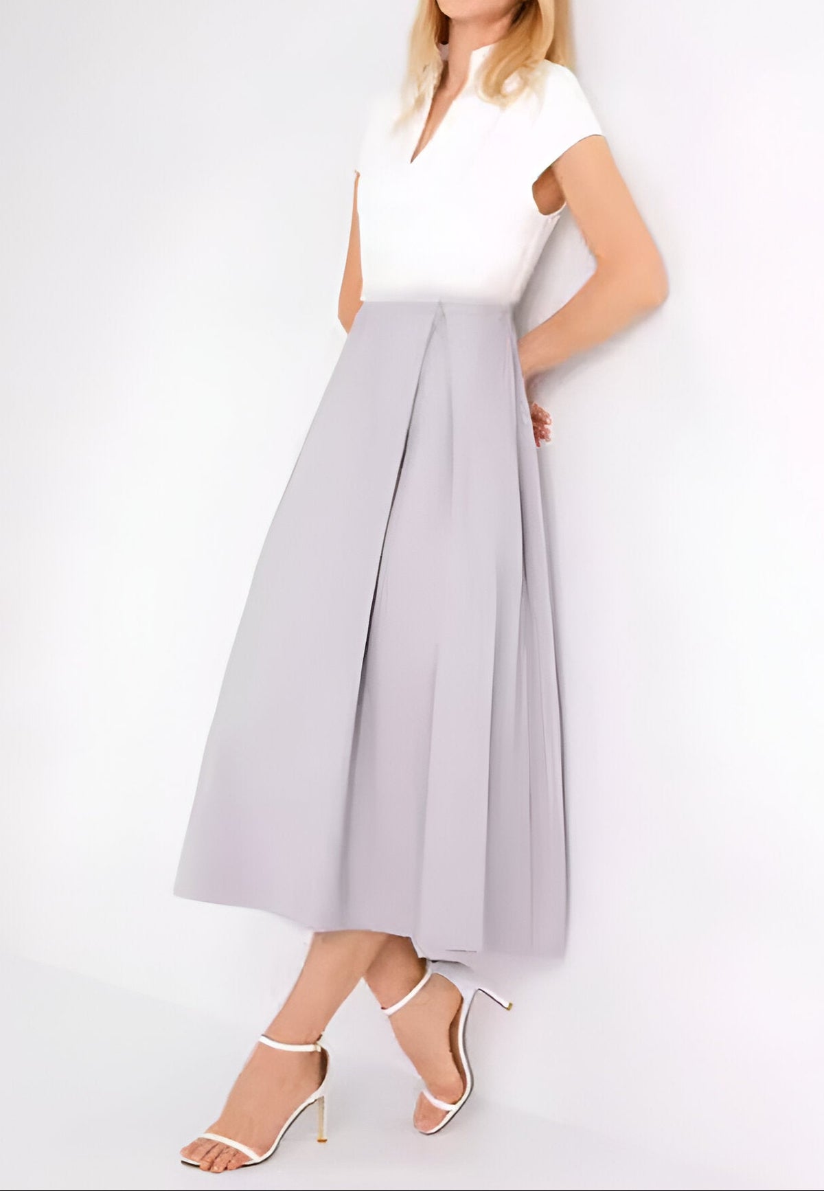 Women's Elegant V-Neck Midi Dress – Embellished Waist Short Sleeve A-Line Dress for Weddings and Special Occasions