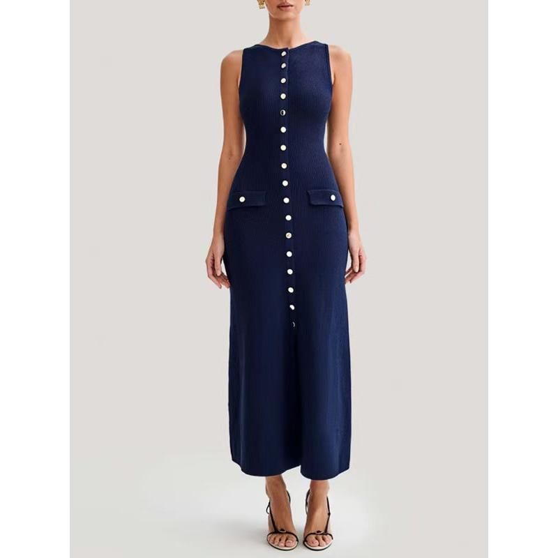 Vestido midi de punto sin mangas para mujer con botones delanteros para ocasiones especiales