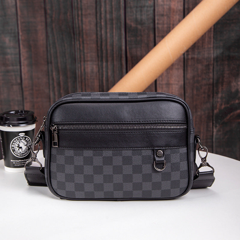 Men’s Checked Leather Crossbody Messenger Bag With Zip Compartments
