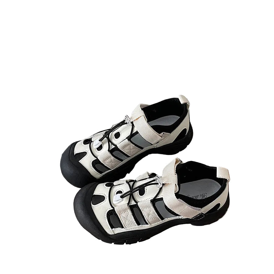 Sandales femme à bout fermé avec lacets à cordon de serrage et bride sur le cou-de-pied - Chaussures épaisses à découpes pour tenues décontractées d'été