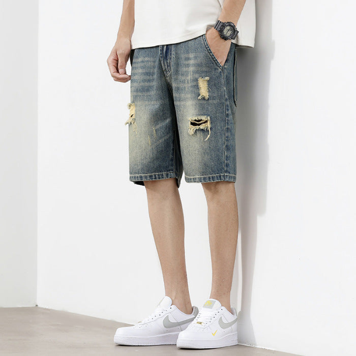 Men’s Distressed Relaxed Denim Shorts – Vintage-Wash Jeans for Casual Summer Wear