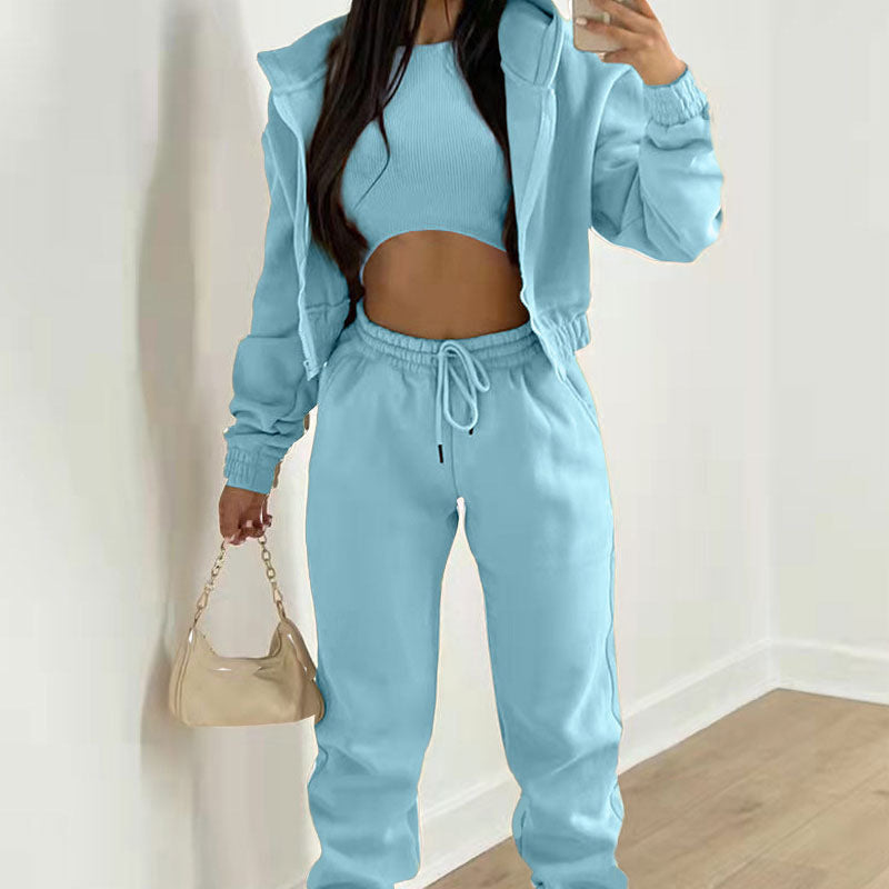 Women’s Three-Piece Athleisure Co-Ord Set – Cropped Ribbed Tank Top with Zip-Up Hoodie and Drawstring Joggers for Casual Wear