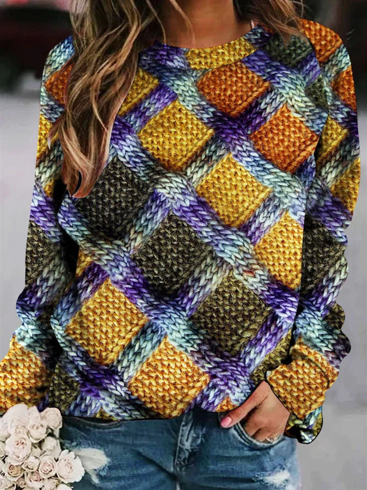 Women’s Patchwork Knit Sweater – Textured Crew-Neck Pullover for Cosy Seasonal Styling