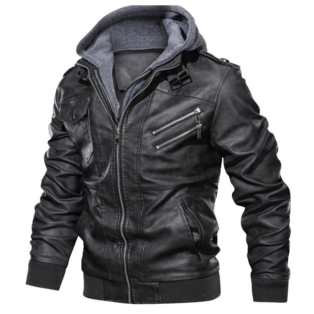 Men’s Hooded Leather Moto Jacket – Multi-Zip Casual Layer for Cooler Days