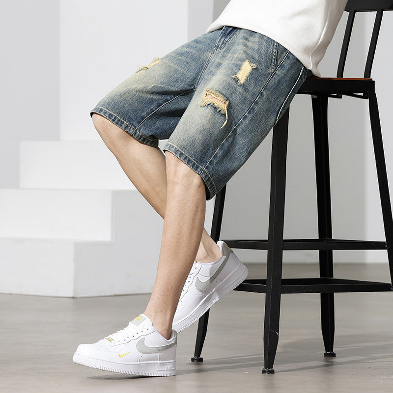 Men’s Distressed Relaxed Denim Shorts – Vintage-Wash Jeans for Casual Summer Wear