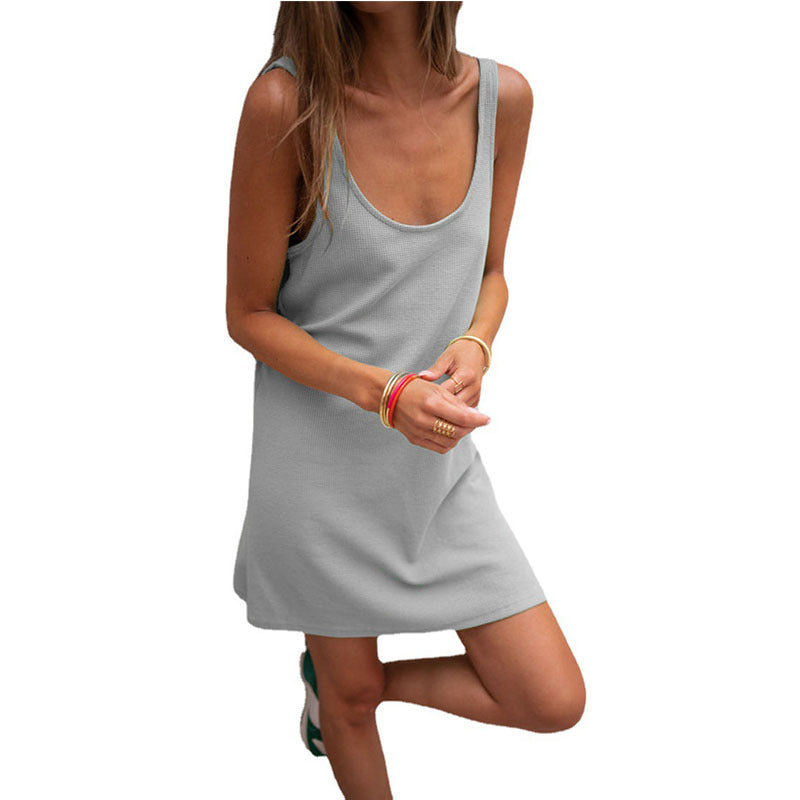 Vestito corto da donna senza maniche con scollo rotondo e vestibilità morbida - Abito casual sopra il ginocchio per l’estate e le vacanze