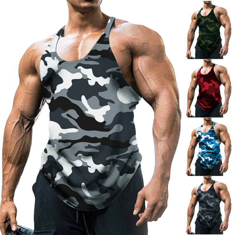 Męski sportowy tank top na siłownię z nadrukiem, dekoltem w serek i wycięciem racerback bez rękawów