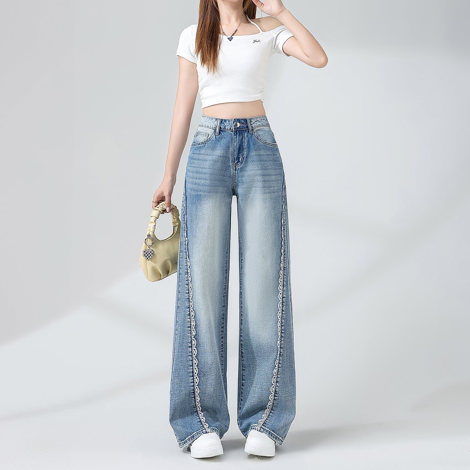 Women’s Lace Detail Wide Leg Straight Denim Jeans