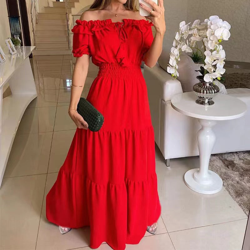 Abito maxi da donna con spalle scoperte, balze e vita arricciata – scollo con volant, modello estivo da vacanza