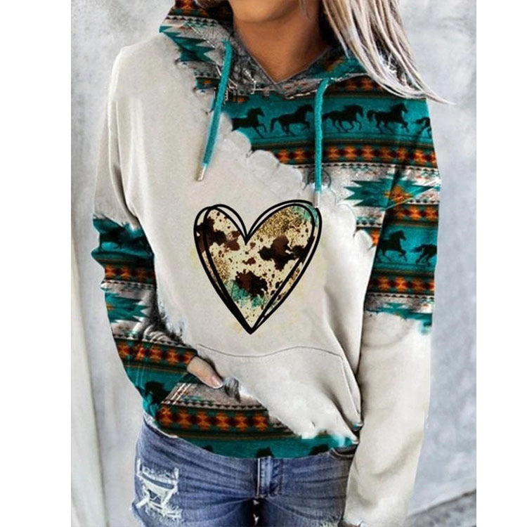 Women’s Geometric Print Hoodie – Relaxed Drawstring Pullover for Casual Autumn Layering
