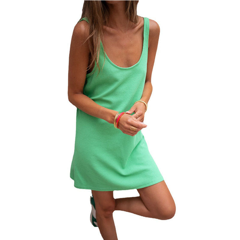 Vestito corto da donna senza maniche con scollo rotondo e vestibilità morbida - Abito casual sopra il ginocchio per l’estate e le vacanze