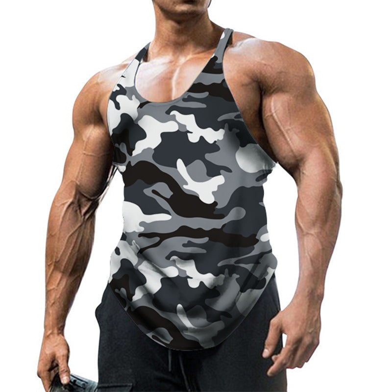 Męski sportowy tank top na siłownię z nadrukiem, dekoltem w serek i wycięciem racerback bez rękawów