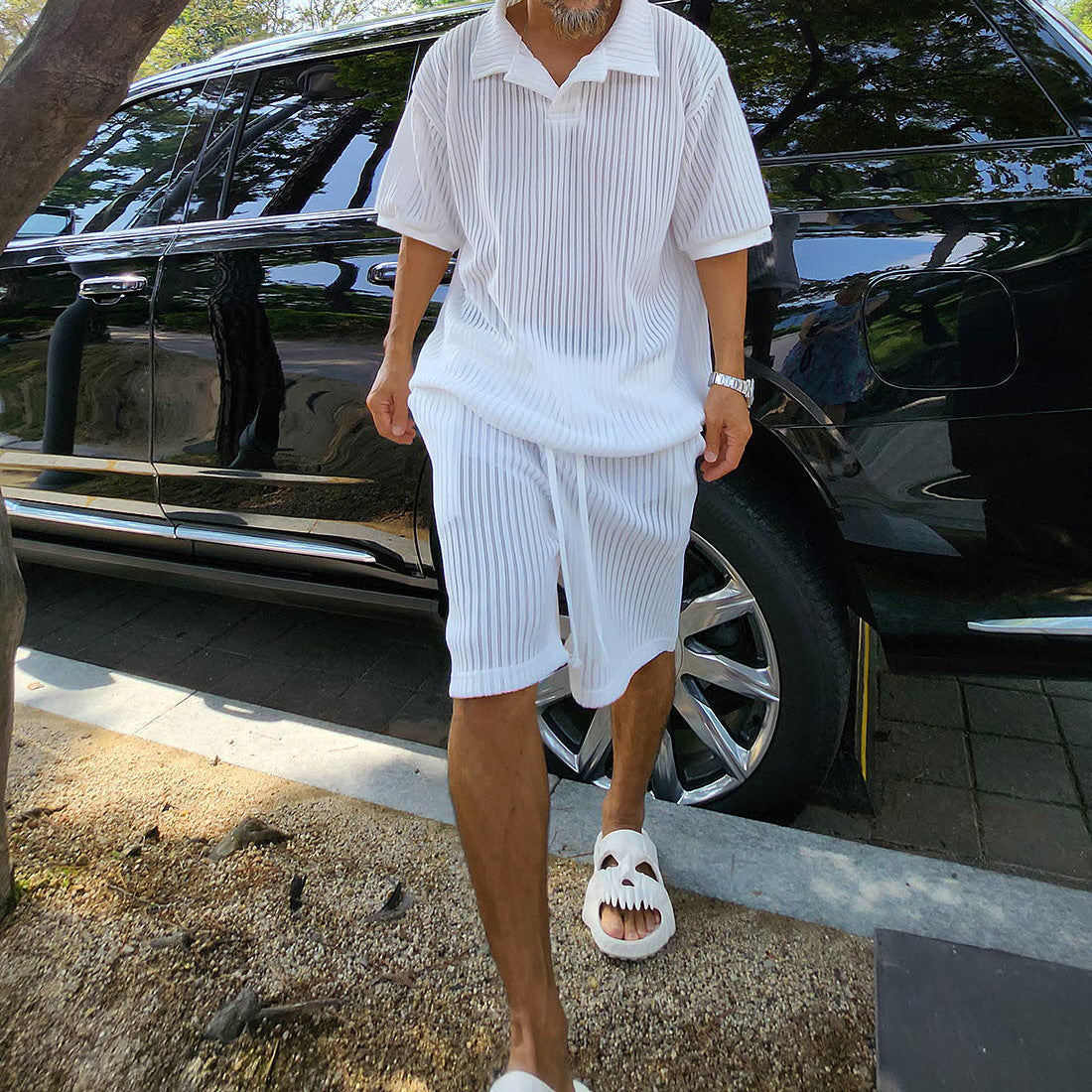 Conjunto de punto texturizado para hombre Camisa y pantalones cortos relajados de verano