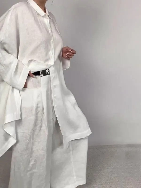 Women’s Asymmetric Shirt Trouser Set – Oversized Button-Front Top with Wide-Leg Pocket Trousers for Casual Wear