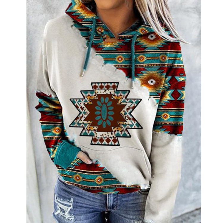 Women’s Geometric Print Hoodie – Relaxed Drawstring Pullover for Casual Autumn Layering