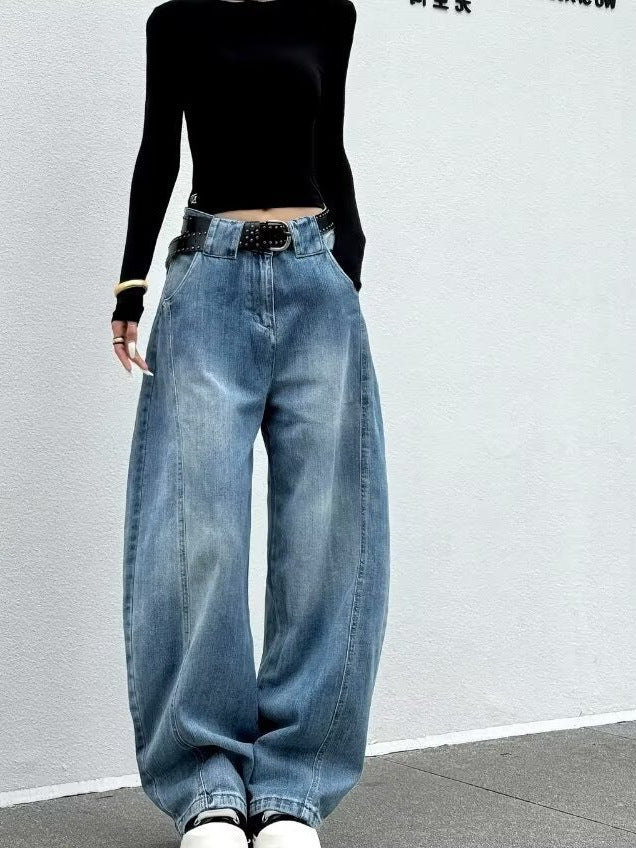 Women’s High Waist Washed Barrel Leg Denim Jeans