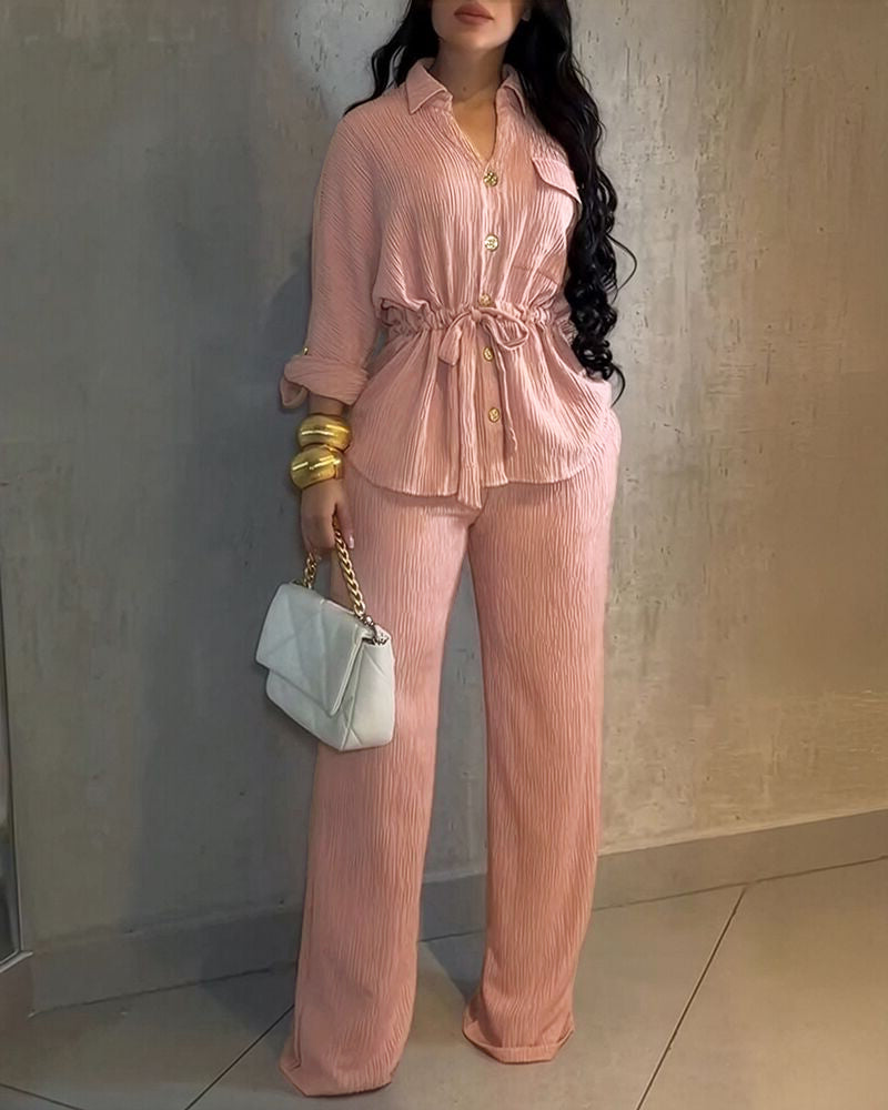 Vintage Collar Two-Piece Set – Textured Shirt & Wide Leg Trousers