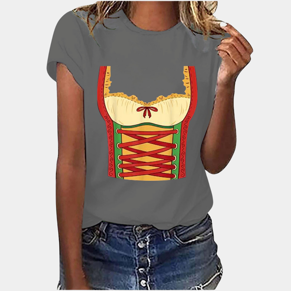 Damski T-shirt z nadrukiem, okrągłym dekoltem i krótkimi rękawami – luźna, casualowa bluzka na letnie dni i weekendowe stylizacje