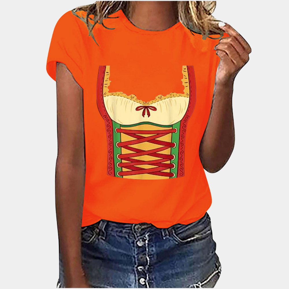Damski T-shirt z nadrukiem, okrągłym dekoltem i krótkimi rękawami – luźna, casualowa bluzka na letnie dni i weekendowe stylizacje
