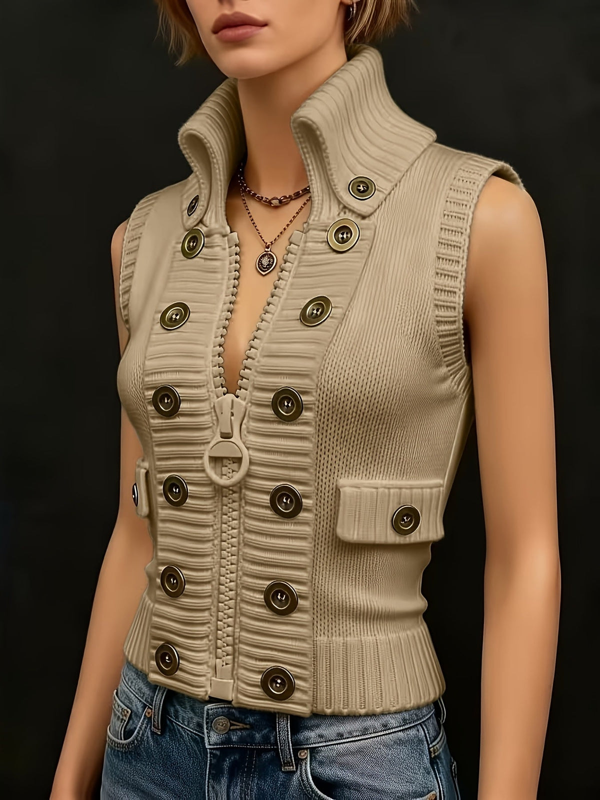 Figurbetonte Damen-Strickweste mit Stehkragen und dekorativen Knöpfen – Ärmellose Lage mit Reißverschluss vorn und Rippdetails für elegantes Casual-Styling
