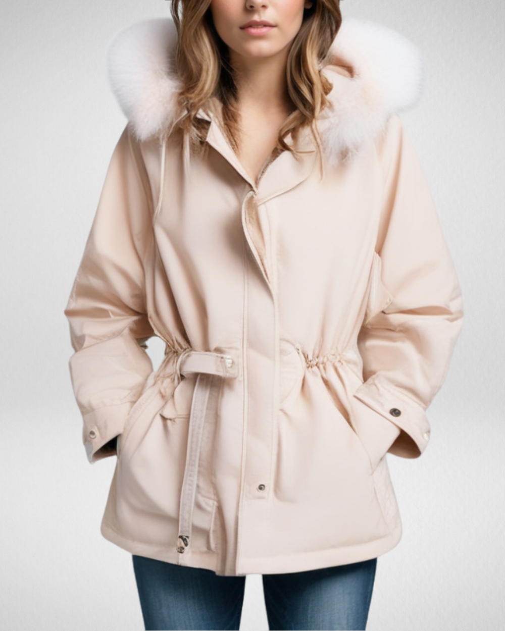 Women's Warm Padded Winter Parka Jacket with Detachable Fur-Trimmed Collar and Adjustable Waist Belt – Elegant Mid-Length Insulated Outerwear for Casual Autumn Winter Wear and Everyday Cold Weather Styling