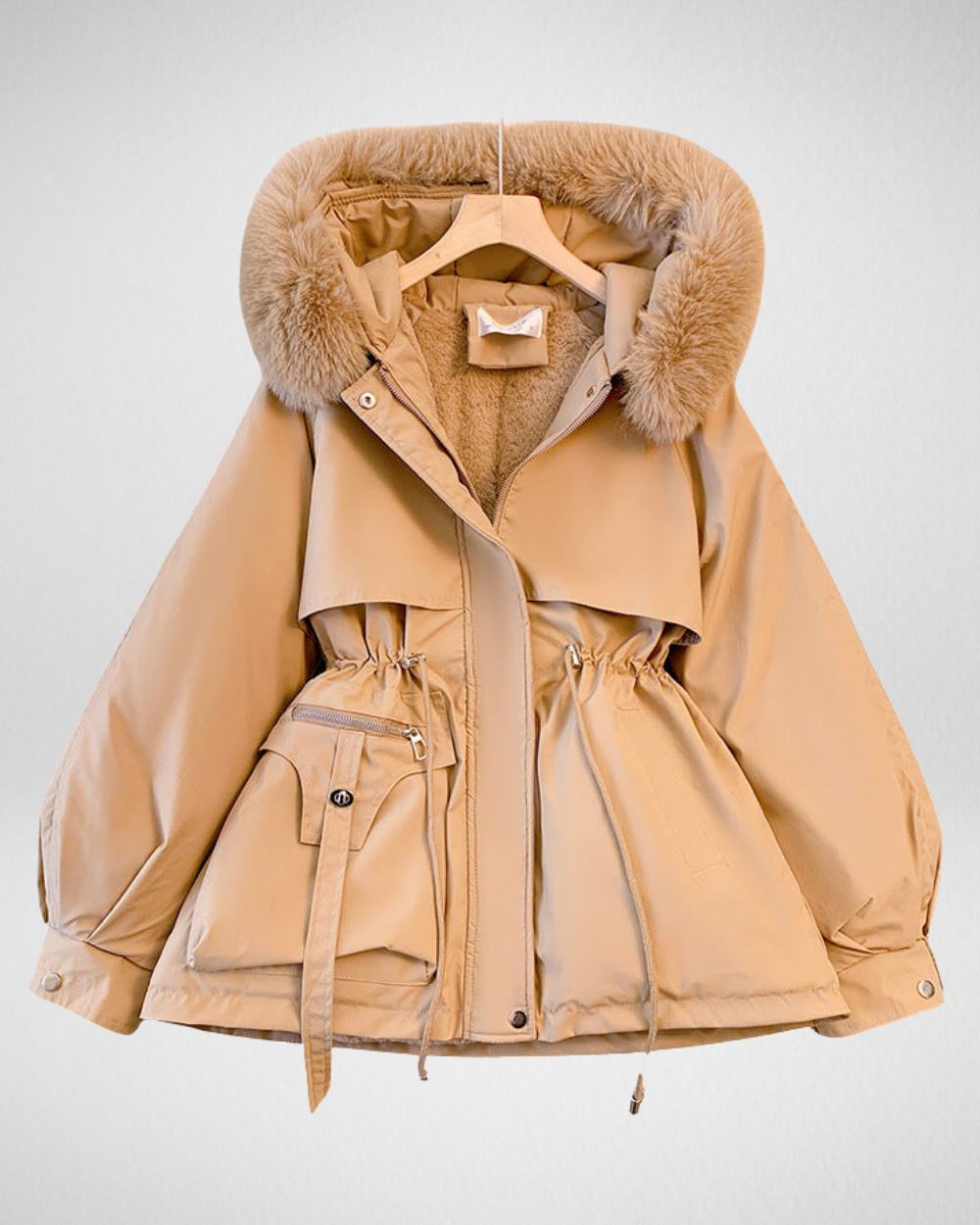 Women's Warm Padded Winter Parka Jacket with Detachable Fur-Trimmed Collar and Adjustable Waist Belt – Elegant Mid-Length Insulated Outerwear for Casual Autumn Winter Wear and Everyday Cold Weather Styling