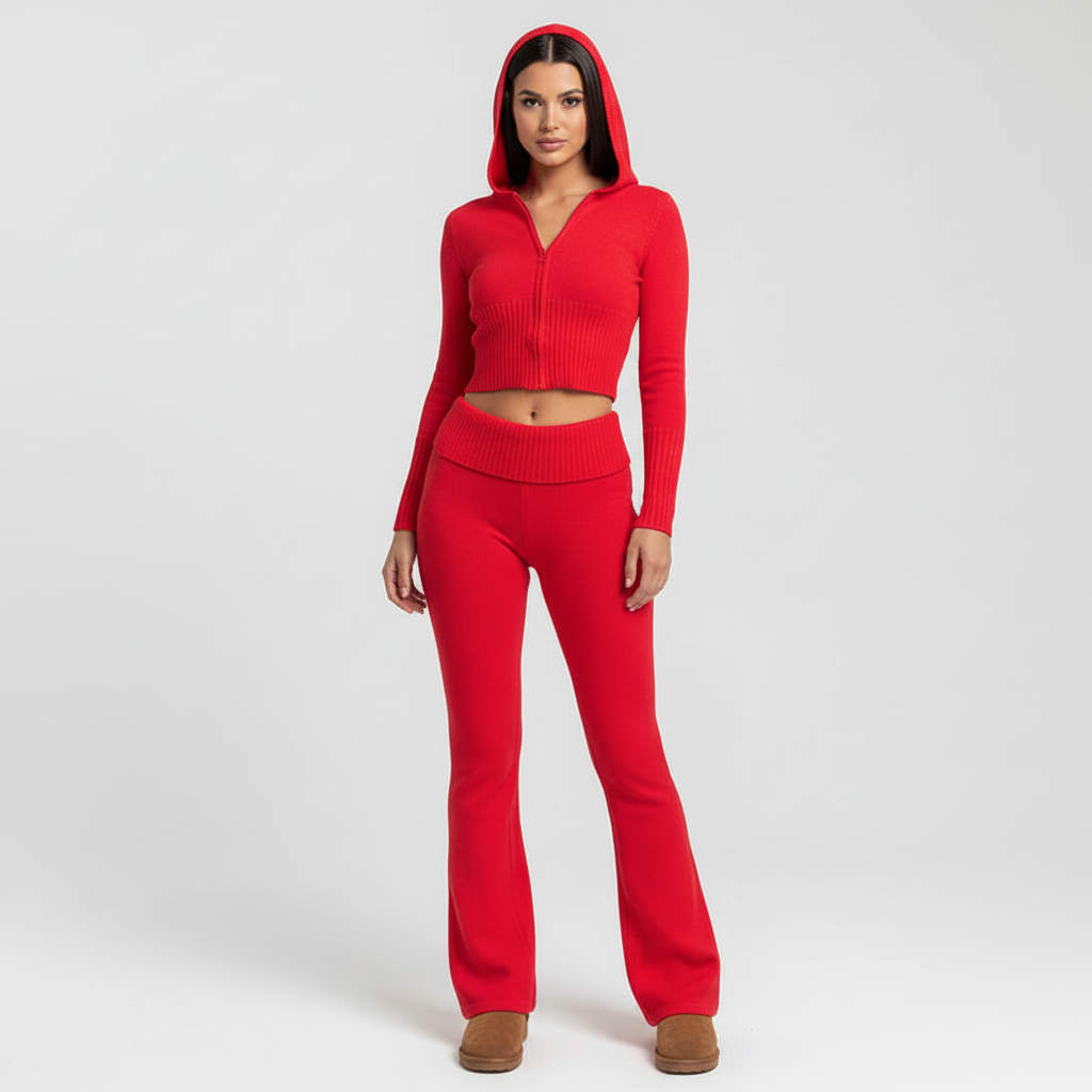 Dame Cropped Zip-Up Loungewear Sæt – Højttaljede Flared Bukser til Efterår og Vinter