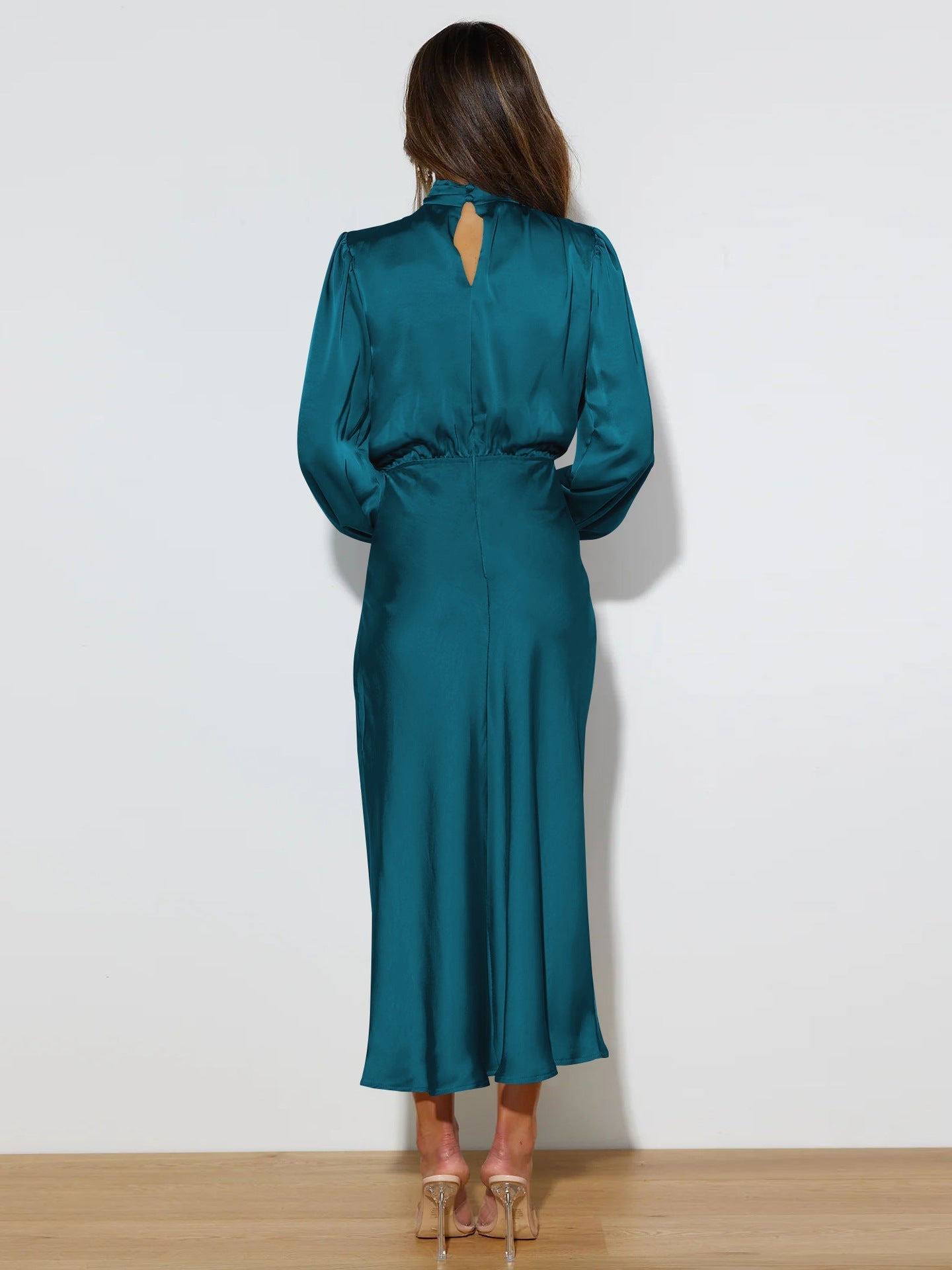 Rochie midi din satin pentru femei, cu guler înalt și mâneci lungi