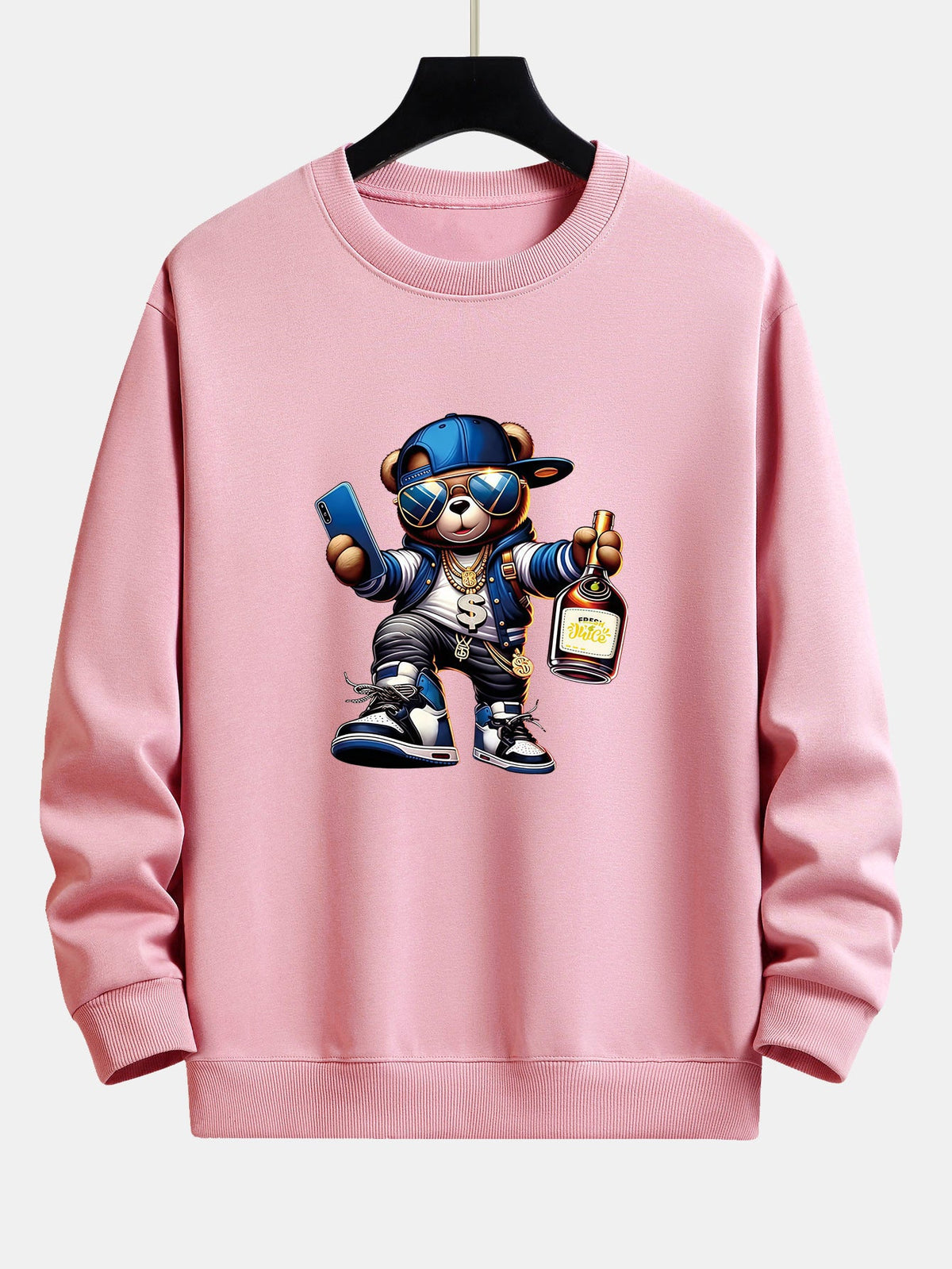Bluză bărbătească hip-hop cu grafică de ursuleț - croială lejeră, bluză streetwear din amestec de bumbac, cu guler rotund, pentru ținutele de zi cu zi