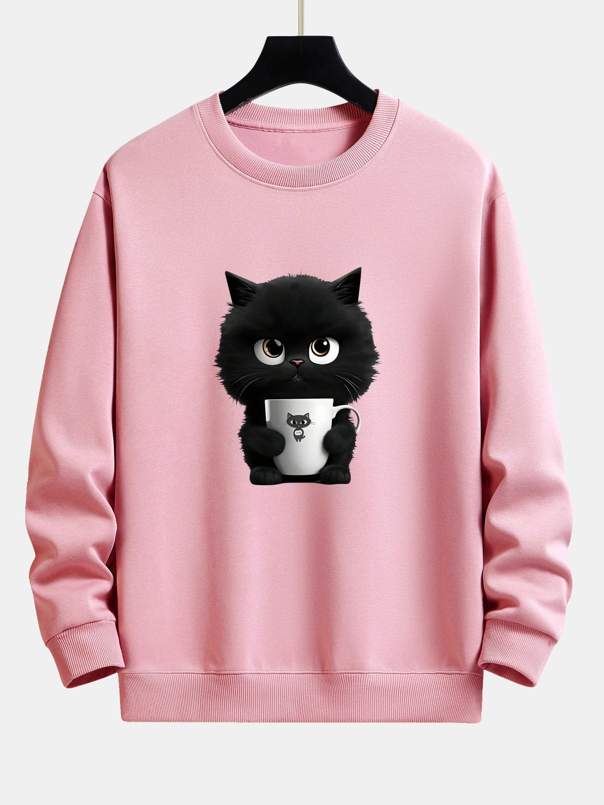 Niedliches Sweatshirt für Herren mit einer Katze, die Kaffee hält – Locker geschnittener Pullover aus Baumwollmischgewebe mit verspielter Kätzchen-Illustration und Rippbündchen