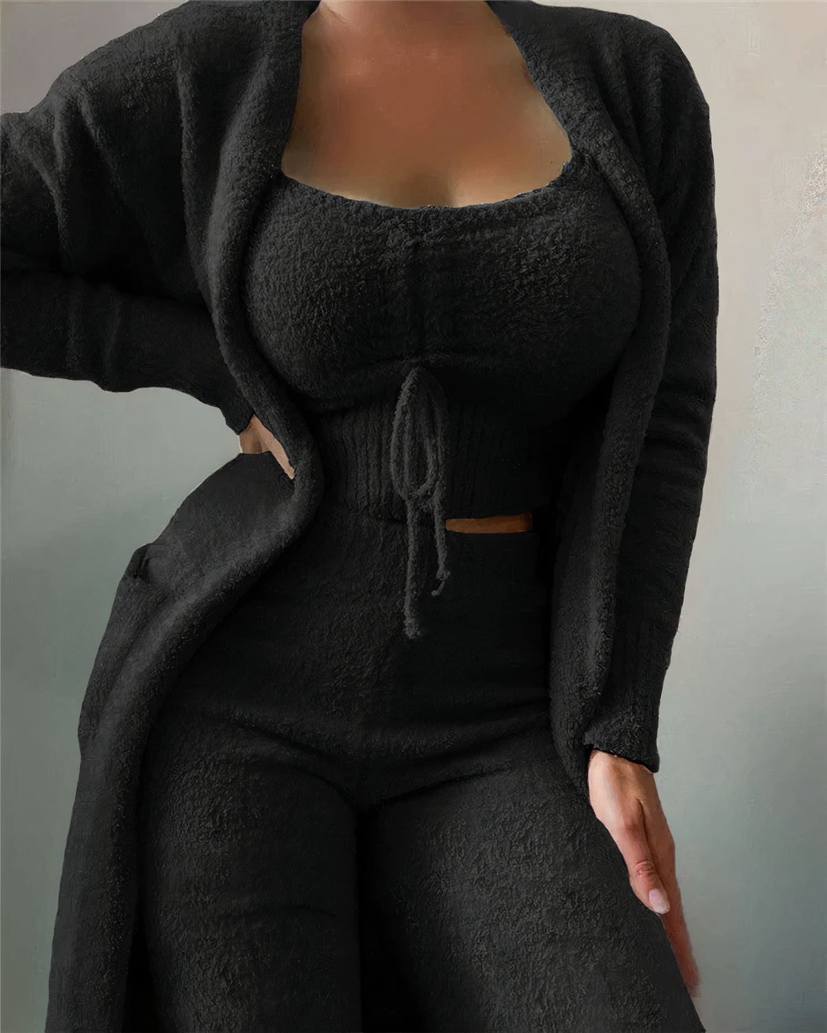 Women’s Plush Fleece Lounge Co-Ord – Cropped Top Open Cardigan and Relaxed Trousers for Cosy Homewear