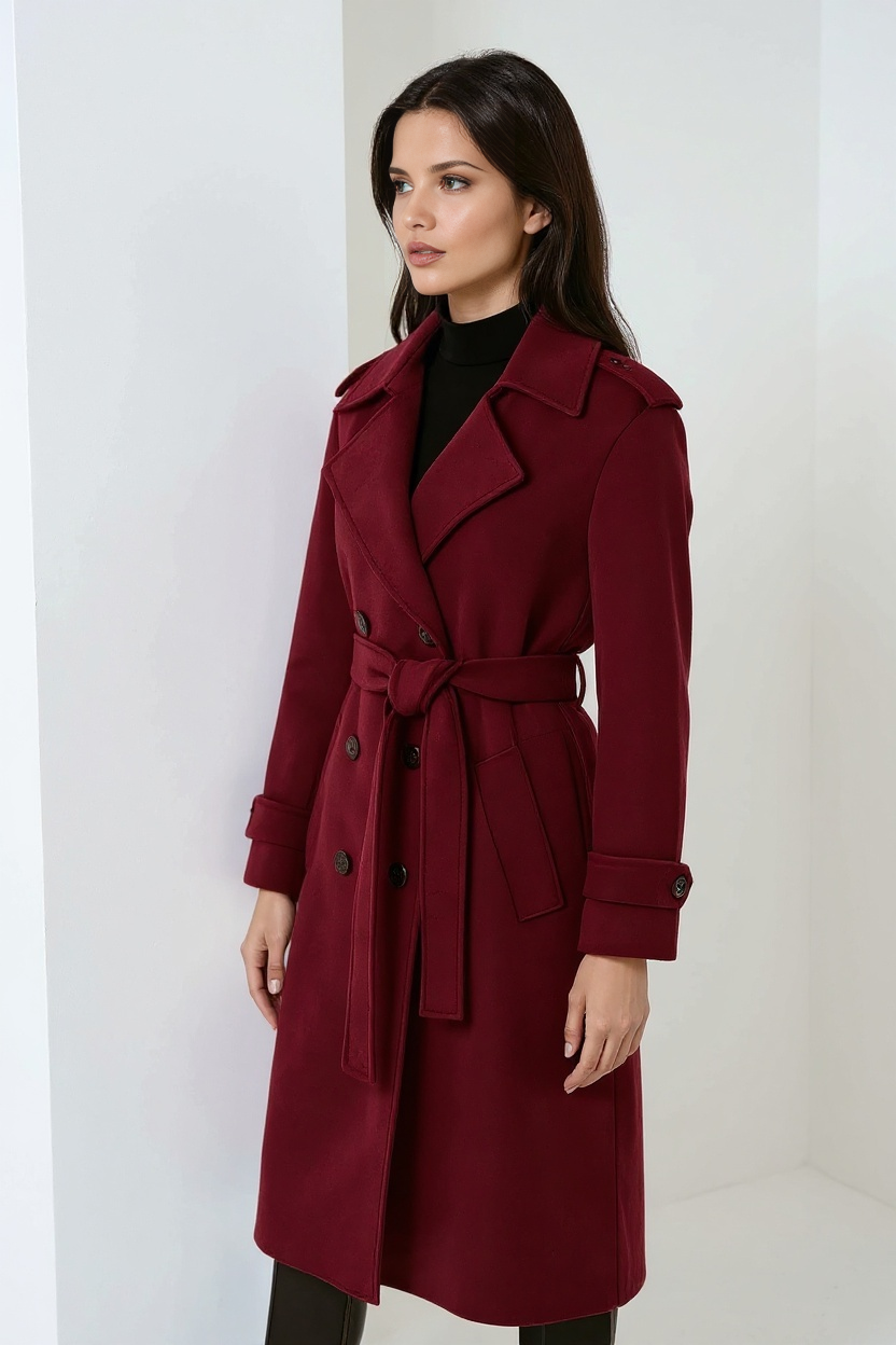 Abrigo largo de invierno cruzado y con cinturón para mujer - Prenda exterior entallada de mezcla de lana para protegerse del frío con elegancia