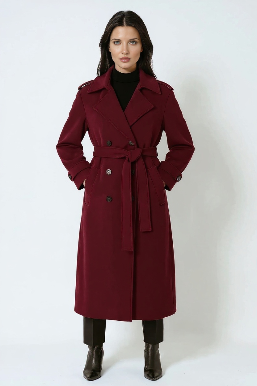 Abrigo largo de invierno cruzado y con cinturón para mujer - Prenda exterior entallada de mezcla de lana para protegerse del frío con elegancia