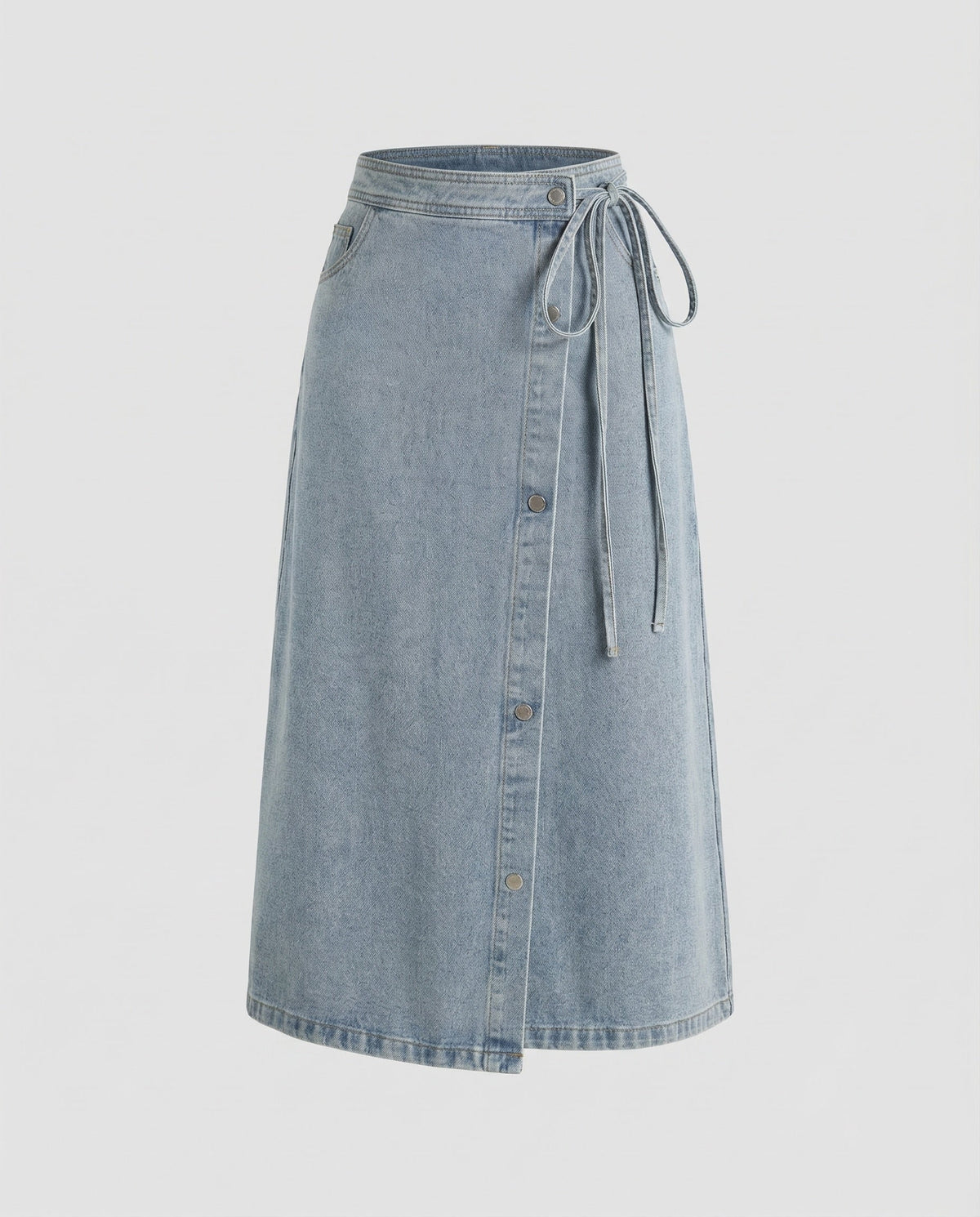 Women's High-Waisted Denim Wrap Midi Skirt – Casual A-Line Skirt with Side Tie Waist for Everyday Wear