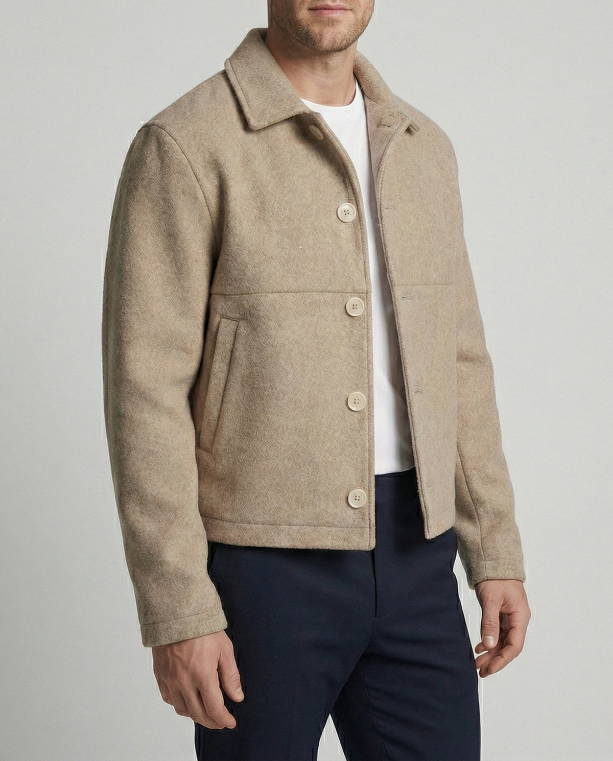 Men's Short Wool Blend Jacket – Button Front Collared Outerwear for Smart Casual Autumn and Winter Style