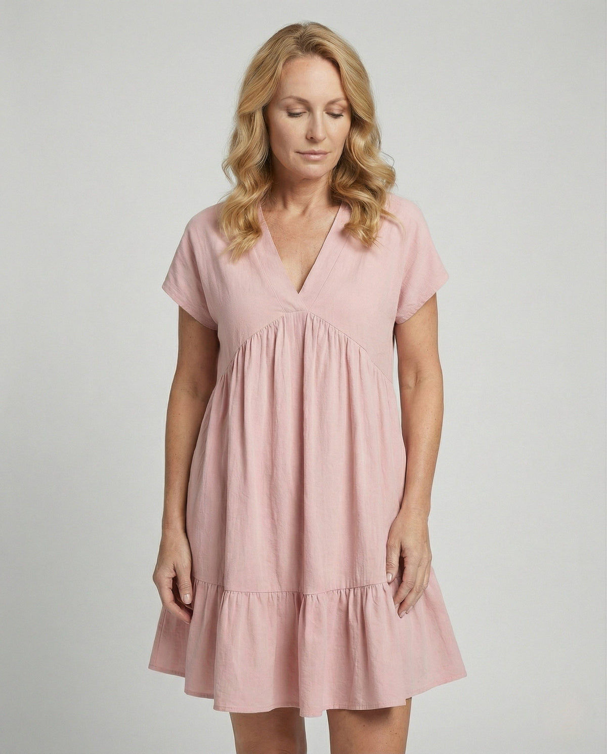 Women’s Relaxed V-Neck Babydoll Mini Dress with Frill Hem – Short-Sleeved Summer Day Dress