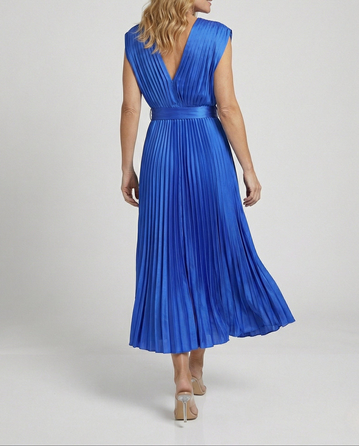 Women’s Pleated Midi Dress with Deep V-Neck and Defined Waist – Occasion Dress for Weddings and Evening Events