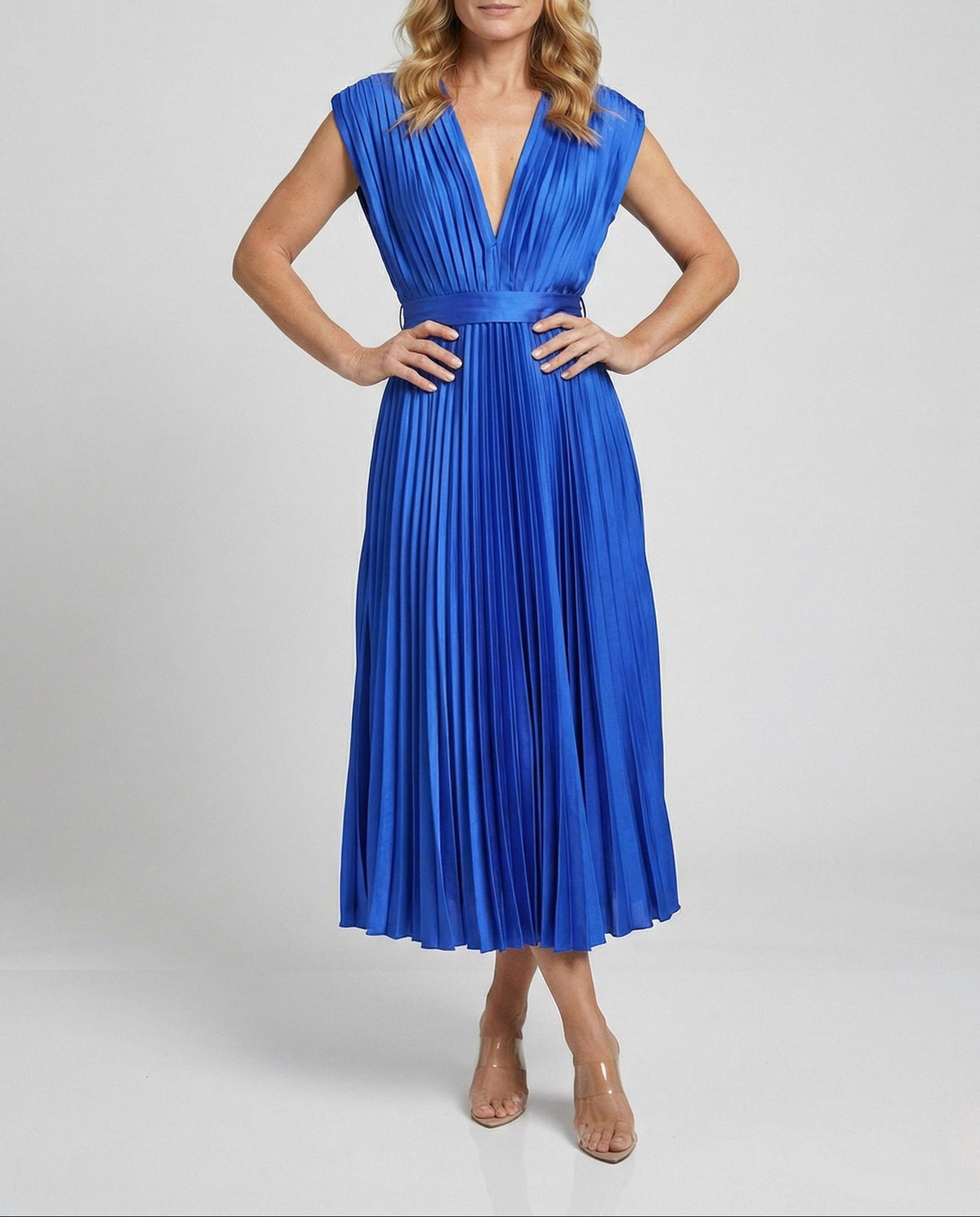 Women’s Pleated Midi Dress with Deep V-Neck and Defined Waist – Occasion Dress for Weddings and Evening Events
