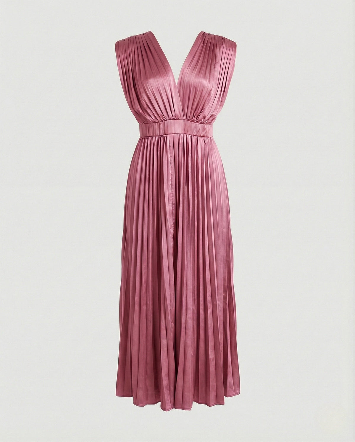 Women’s Pleated Midi Dress with Deep V-Neck and Defined Waist – Occasion Dress for Weddings and Evening Events