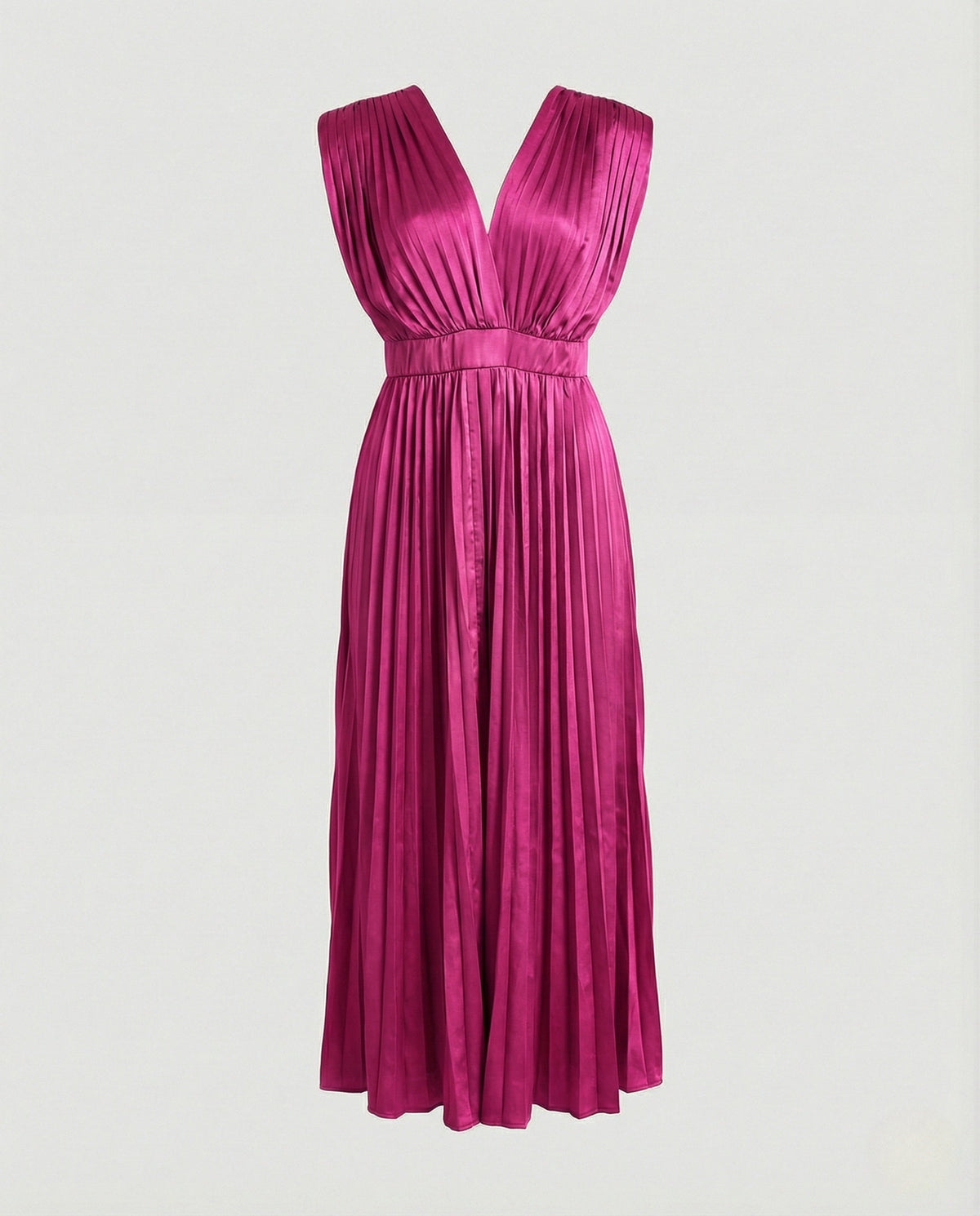 Women’s Pleated Midi Dress with Deep V-Neck and Defined Waist – Occasion Dress for Weddings and Evening Events