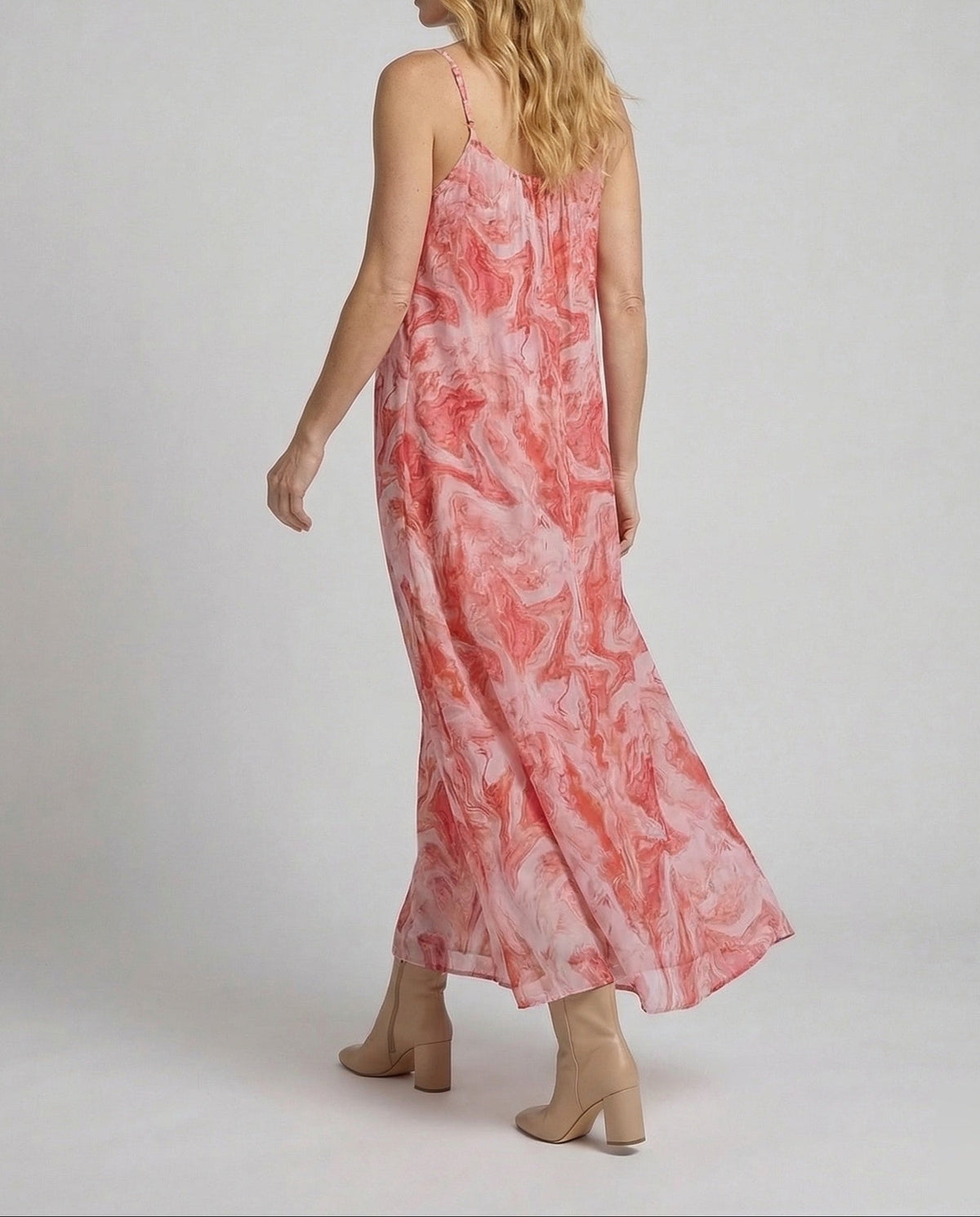 Women’s Loose Printed Maxi Dress with Gathered Neckline – Spaghetti Strap Summer Style for Holidays
