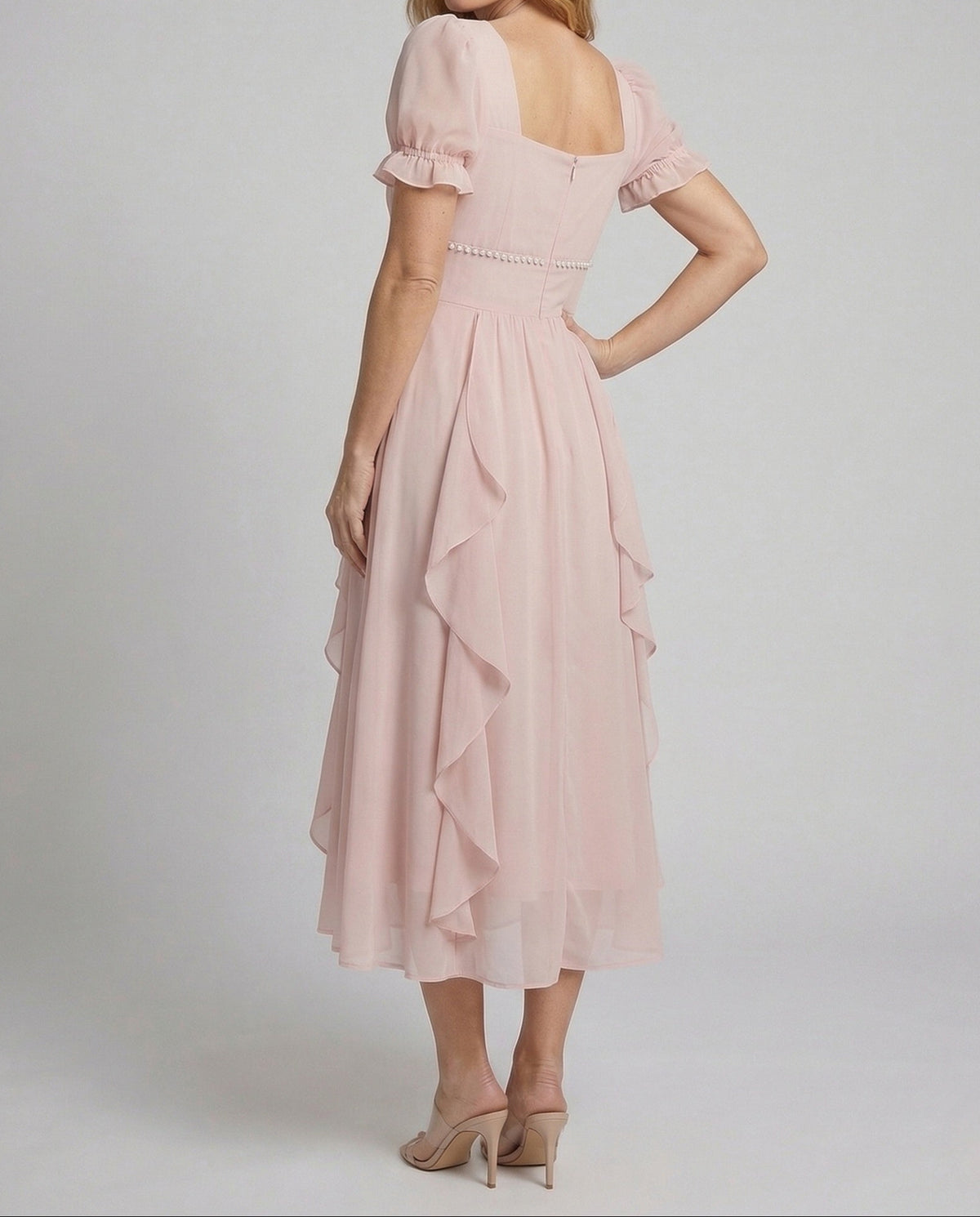 Vestido midi de gasa para mujer con mangas abullonadas y volantes en cascada – Escote cuadrado para invitadas de boda