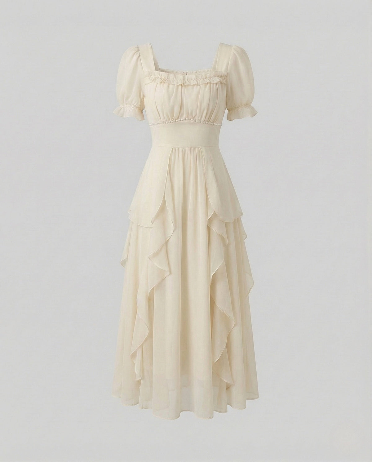 Vestido midi de gasa para mujer con mangas abullonadas y volantes en cascada – Escote cuadrado para invitadas de boda