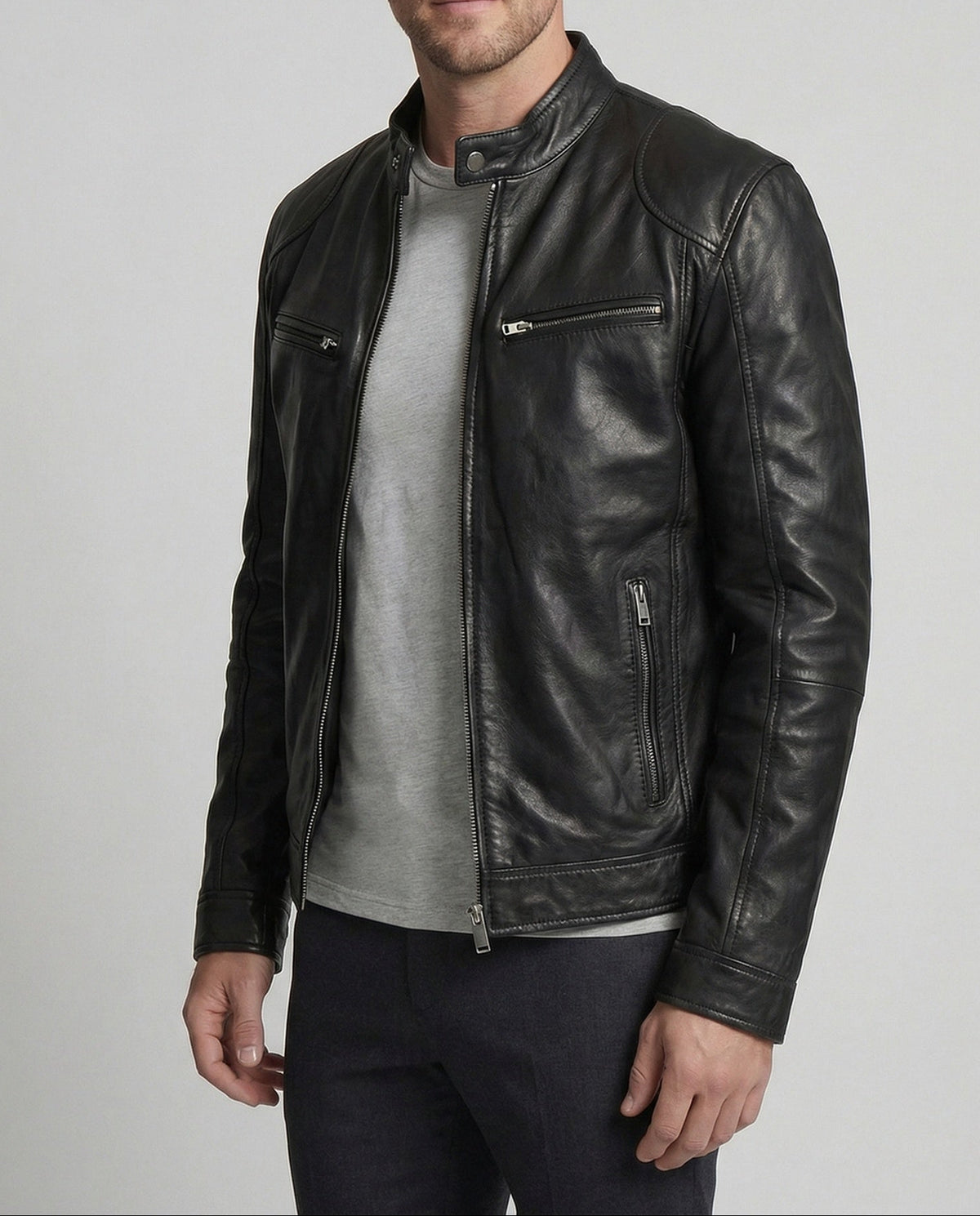 Chaqueta de estilo racing de efecto cuero para hombre con cuello alto – Prenda ajustada con cremallera para looks elegantes e informales