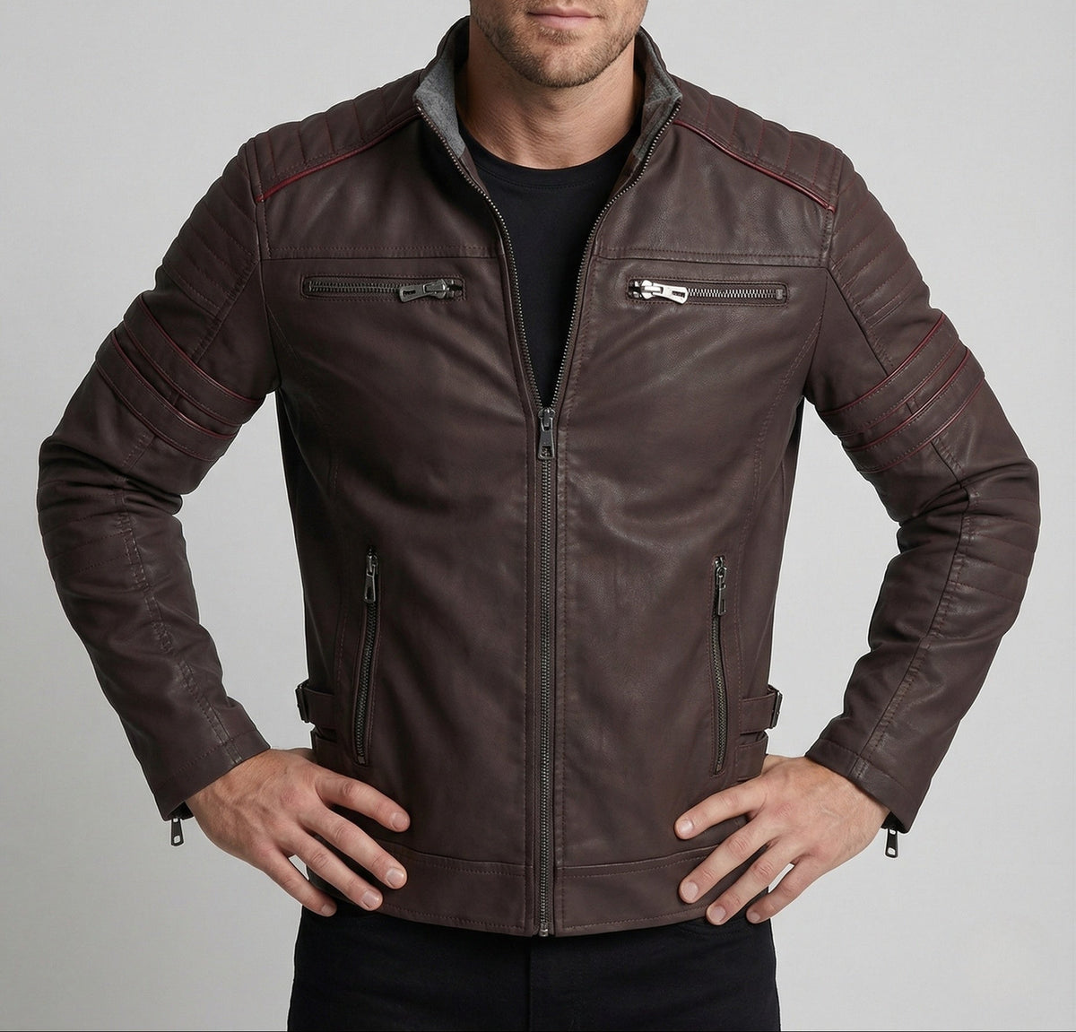 Veste de motard en similicuir pour homme avec épaules matelassées – Coupe ajustée zippée avec pattes de serrage réglables à la taille
